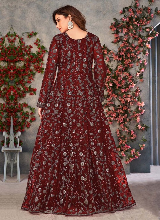 Maroon Net Embroidered Semi-Stitched Anarkali Suit 10033C