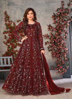 Maroon Net Embroidered Semi-Stitched Anarkali Suit 10033C