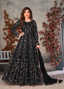 Black  Net Embroidered Semi-Stitched Anarkali Suit 10033D