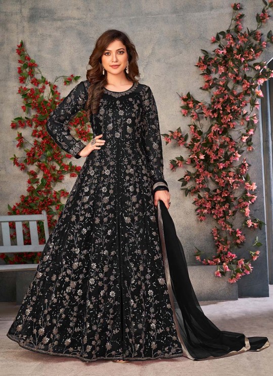 Black Net Embroidered Semi-Stitched Anarkali Suit 10033D Black Net Embroidered Semi-Stitched Anarkali Suit 10033D