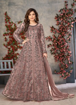 Peach Net Embroidered Semi-Stitched Anarkali Suit 10033E