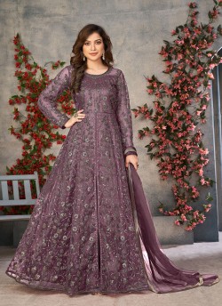 Lavender Net Embroidered Semi-Stitched Anarkali Suit 10033F