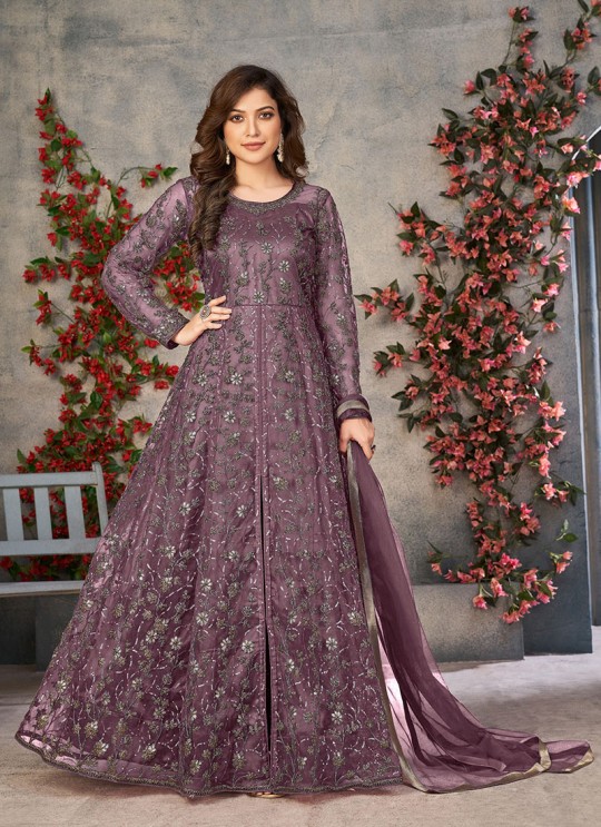 Lavender Net Embroidered Semi-Stitched Anarkali Suit 10033F