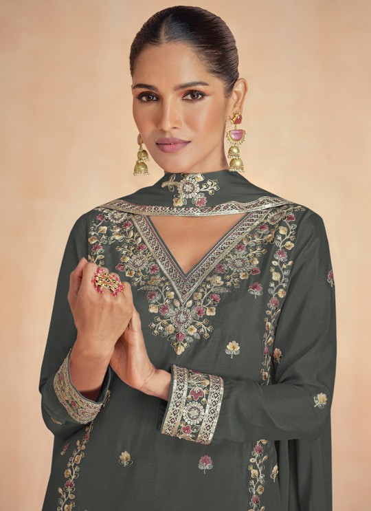 Grey Georgette Embroidered Ready-Made Palazzo Suit 10124A Grey Georgette Embroidered Ready-Made Palazzo Suit 10124A