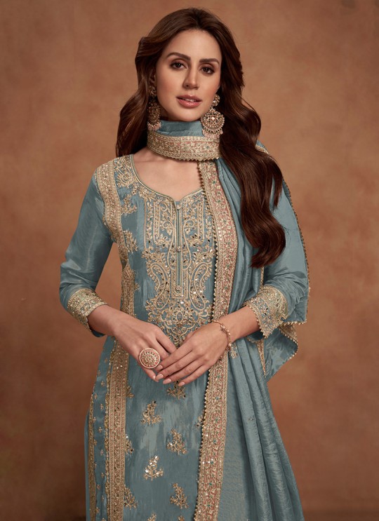 Grey Silk Embroidered Semi-Stitched Palazzo Suit 1125A Grey Silk Embroidered Semi-Stitched Palazzo Suit 1125A