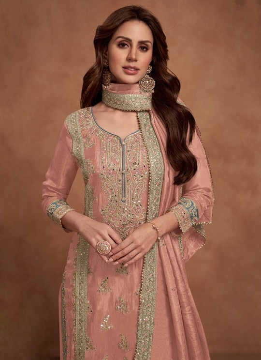 Peach Silk Embroidered Semi-Stitched Palazzo Suit 1125B Peach Silk Embroidered Semi-Stitched Palazzo Suit 1125B