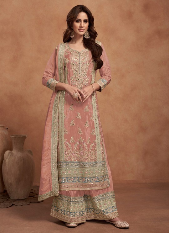 Peach Silk Embroidered Semi-Stitched Palazzo Suit 1125B Peach Silk Embroidered Semi-Stitched Palazzo Suit 1125B