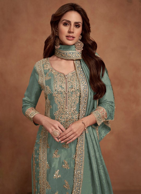 Green Silk Embroidered Semi-Stitched Palazzo Suit 1125C Green Silk Embroidered Semi-Stitched Palazzo Suit 1125C