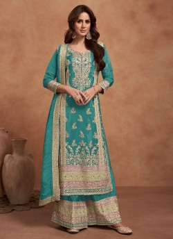 Teal Blue Silk Embroidered Semi-Stitched Palazzo Suit 1125D