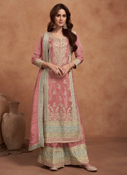 Dark Peach Silk Embroidered Semi-Stitched Palazzo Suit 1125E