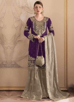 Wine Fox Georgette  Embroidered Semi-Stitched Garara Suit 1155C