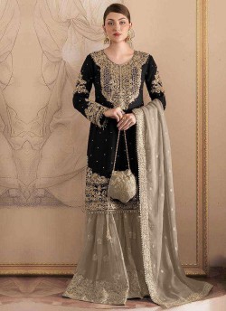 Black Fox Georgette  Embroidered Semi-Stitched Garara Suit 1155F