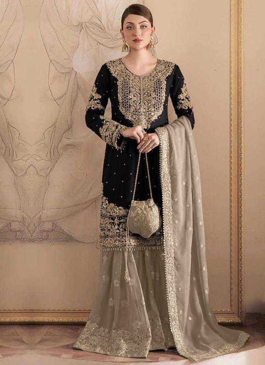 Black Fox Georgette  Embroidered Semi-Stitched Garara Suit 1155F