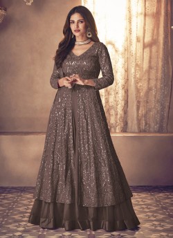 123D Brown  Georgette Embroidered Semi-Stitched Skirt Kameez