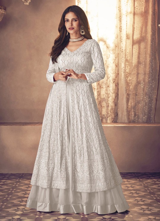 123E White  Georgette Embroidered Semi-Stitched Skirt Kameez