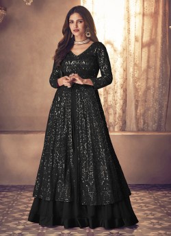 123F Black Georgette Embroidered Semi-Stitched Skirt Kameez
