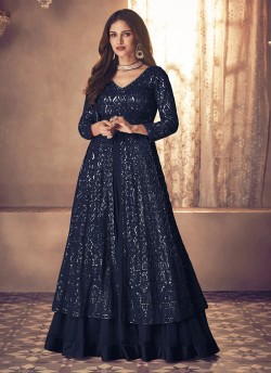 123G Navy Blue Georgette Embroidered Semi-Stitched Skirt Kameez