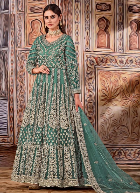 Teal Green Net Embroidered Semi-Stitched Anarkali Suit 2701 Teal Green Net Embroidered Semi-Stitched Anarkali Suit 2701