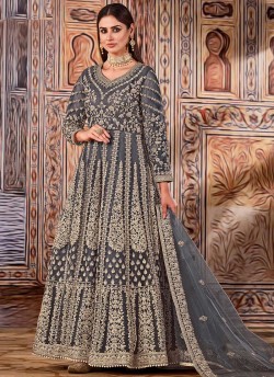 Grey Net Embroidered Semi-Stitched Anarkali Suit 2702
