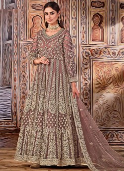 Brown Net Embroidered Semi-Stitched Anarkali Suit 2703