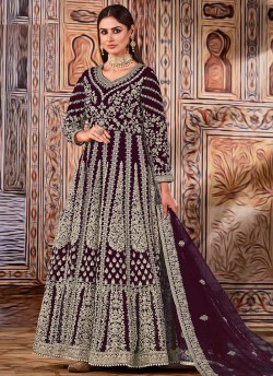 Wine Net Embroidered Semi-Stitched Anarkali Suit 2705