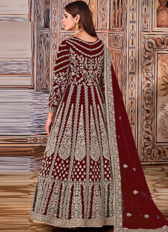 Maroon Net Embroidered Semi-Stitched Anarkali Suit 2707