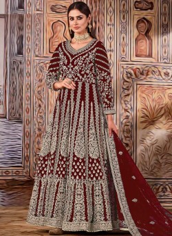 Maroon Net Embroidered Semi-Stitched Anarkali Suit 2707