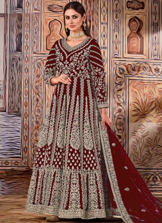 Maroon Net Embroidered Semi-Stitched Anarkali Suit 2707