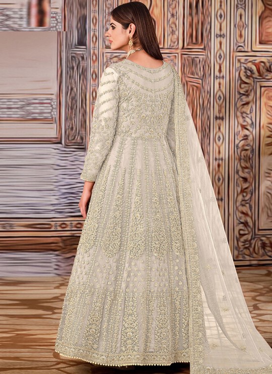 Cream Net Embroidered Semi-Stitched Anarkali Suit 2710