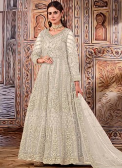 Cream Net Embroidered Semi-Stitched Anarkali Suit 2710