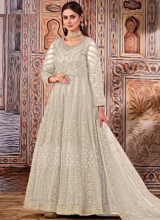 Cream Net Embroidered Semi-Stitched Anarkali Suit 2710