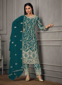 Teal Blue Net Embroidered Semi-Stitched Salwar Kameez 4925E
