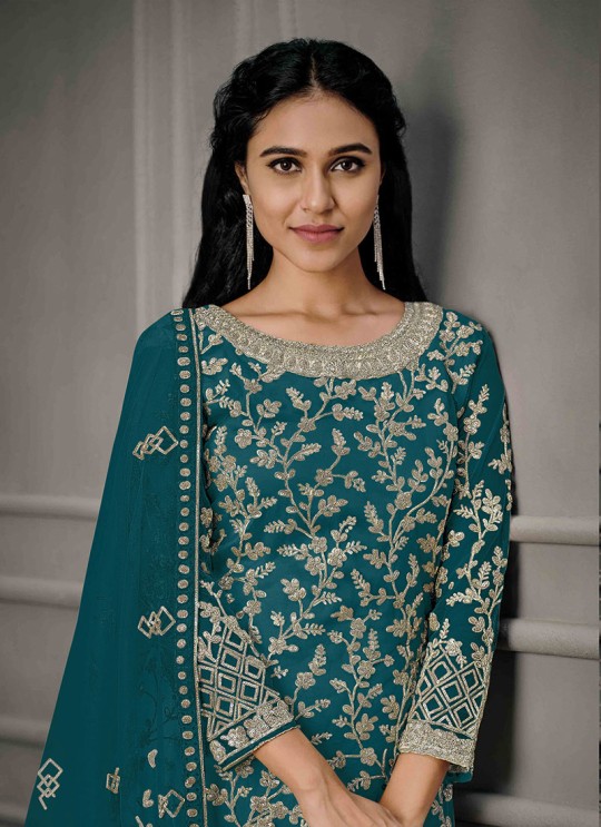 Teal Blue Net Embroidered Semi-Stitched Salwar Kameez 4925E Teal Blue Net Embroidered Semi-Stitched Salwar Kameez 4925E