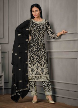 Black Net Embroidered Semi-Stitched Salwar Kameez 4925H