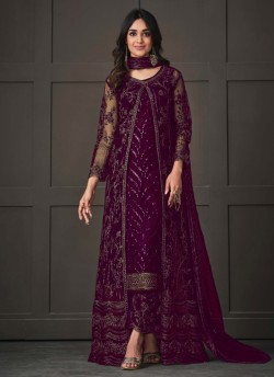 Purple Net Embroidered Semi-Stitched Salwar Kameez 5143B