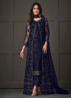 Navy Blue Net Embroidered Semi-Stitched Salwar Kameez 5143C