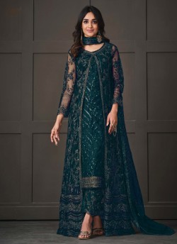 Green Net Embroidered Semi-Stitched Salwar Kameez 5143D