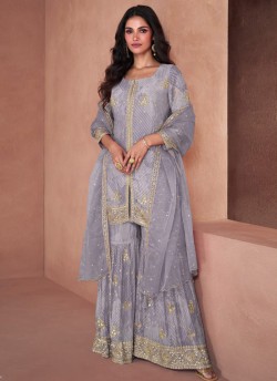 Grey Faux Georgette Embroidered Ready-Made Garara Suit 5297C