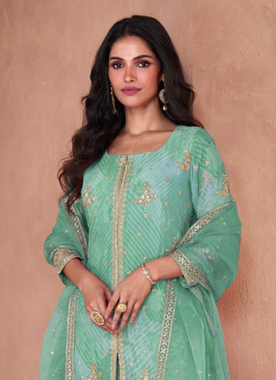 Sea Green Faux Georgette Embroidered Ready-Made Garara Suit 5297D Sea Green Faux Georgette Embroidered Ready-Made Garara Suit 5297D