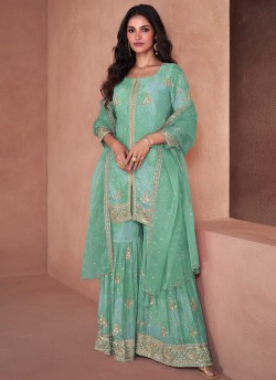 Sea Green Faux Georgette Embroidered Ready-Made Garara Suit 5297D
