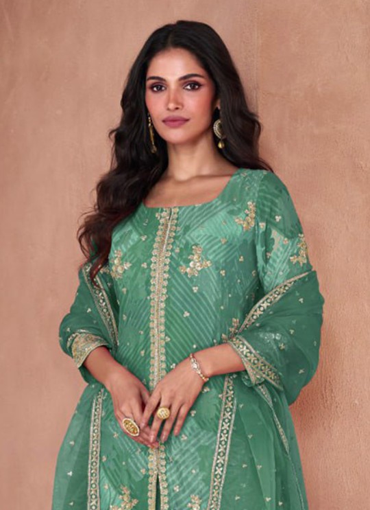 Green Faux Georgette Embroidered Ready-Made Garara Suit 5297E Green Faux Georgette Embroidered Ready-Made Garara Suit 5297E