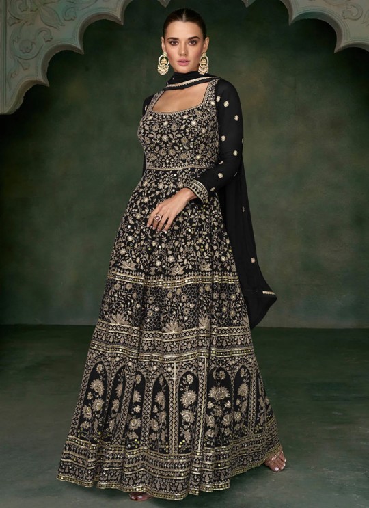 Black Georgette Zari Semi-Stitched Gown 5350B