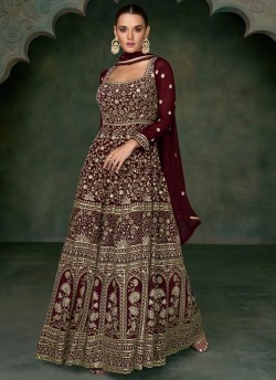 Maroon Georgette Zari Semi-Stitched Gown 5350D