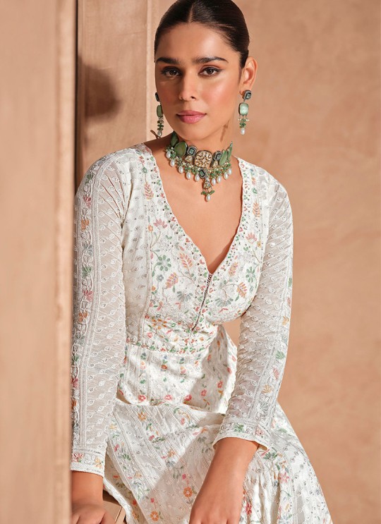 White Silk Embroidered Semi-Stitched Anarkali Suit 5678A White Silk Embroidered Semi-Stitched Anarkali Suit 5678A