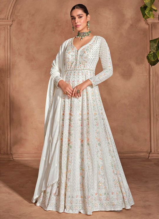 White Silk Embroidered Semi-Stitched Anarkali Suit 5678A White Silk Embroidered Semi-Stitched Anarkali Suit 5678A