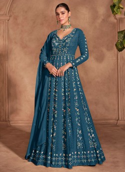 Teal Blue Silk Embroidered Semi-Stitched Anarkali Suit 5678B