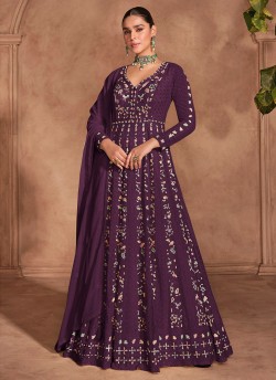 Wine Silk Embroidered Semi-Stitched Anarkali Suit 5678C