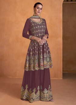 Purple Faux Georgette Embroidered Semi-Stitched Palazzo Suit AM-7405D