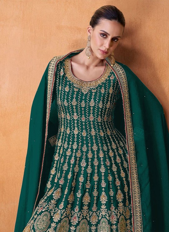 Green Faux Georgette Embroidered Semi-Stitched Palazzo Suit AM-7405E Green Faux Georgette Embroidered Semi-Stitched Palazzo Suit AM-7405E