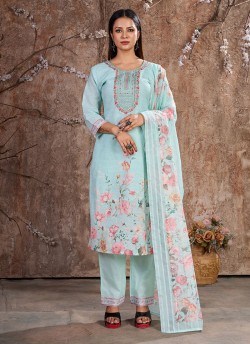 Sky Blue Linen Cotton Resham Ready-Made Salwar Kameez K-9021